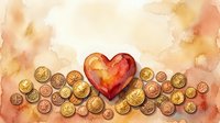 Watercolor heart surrounded by gold coins on warm beige background, symbolizing love, wealth, and financial generosity in charity concepts.