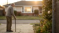 Senior man with walking cane standing on sidewalk in residential neighborhood during golden hour sunset, elderly gentleman outdoors in suburban setting.