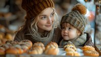 Young Caucasian mother and toddler son in matching knit winter hats share tender moment at bakery display with fresh pastries and bokeh lights in background.