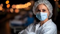 Middle-aged female medical professional wearing protective face mask and hair cap looking concerned against blurred hospital background with bokeh lights.
