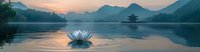 Glowing lotus flower floating on tranquil mountain lake at sunrise, pagoda silhouette and misty peaks reflecting in calm waters create zen atmosphere.