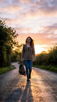 Young woman with long brown hair and glasses walking on rural road at sunset, carrying backpack, wearing cardigan and jeans, surrounded by green vegetation and dramatic golden sky.