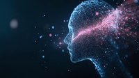 Digital profile silhouette made of glowing blue and pink particles dispersing against dark background, representing artificial intelligence and technology.