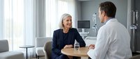 Senior Caucasian businesswoman in navy suit consulting with male doctor in white coat at modern hospital office discussing healthcare solutions.