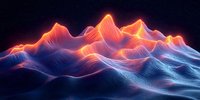 Glowing mountain landscape with neon orange and blue wireframe terrain against dark background creates futuristic digital art effect for technology designs.