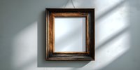 Empty vintage wooden picture frame hanging on light blue wall with dramatic shadow patterns, creating minimalist home decor atmosphere.
