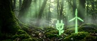Glowing green renewable energy symbols in misty forest with moss-covered ground, representing sustainable power and environmental conservation for eco-friendly concepts.