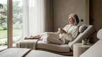 Senior woman with gray hair, relaxing on a beige upholstered lounge chair with cushions, holding a cup of tea or coffee, wearing casual cream-colored clothing, in a modern living room with large windows overlooking a garden.