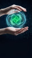 Protective hands surrounding glowing green energy sphere with swirling patterns representing environmental conservation and sustainable future protection.