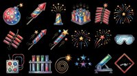 Patriotic celebration icons set with fireworks, rockets, and festive elements isolated on transparent background. Ready for t-shirt design, clipart, stickers, print-on-demand products, and sublimation projects.