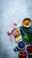 Healthy superfood ingredients with pink ribbon on concrete background for wellness and nutrition concepts.