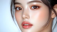 Young Asian woman with flawless glowing skin, coral lipstick and soft brown eye makeup against light blue background. Professional beauty portrait highlighting natural makeup.
