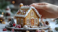 Festive gingerbread house decorated with white icing and candy, surrounded by sugared berries and miniature trees on snowy display, with hand adjusting decoration.