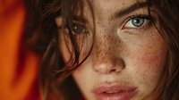 Young woman with freckles and green eyes looking at camera with natural makeup and tousled brown hair in warm golden light for beauty and skincare concepts.