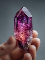 Cosmic crystal with galaxy-like purple and pink interior held between fingers against dark gray background, showcasing mystical gemstone properties.
