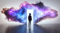 Silhouette of person standing in glowing doorway with vibrant cosmic clouds of pink, purple and blue smoke creating surreal portal effect on reflective surface.