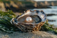 Open oyster shell with large white pearl on sandy beach with ocean waves and rocky coast in background, illuminated by natural sunlight.