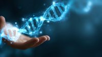 Glowing blue DNA strand floating above human hand against dark background, representing genetic research and biotechnology advancement in medicine.