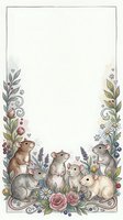 Adorable mice family gathering among spring flowers and botanical elements creating decorative border frame for greeting cards and invitations.