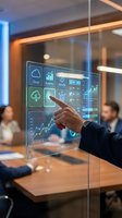 Businessman touching a futuristic transparent touchscreen displaying cloud, analytics, and security icons during a corporate meeting.