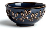 Elegant ceramic bowl with deep blue glaze and gold leaf vine pattern, designed for serving soups or desserts in upscale dining settings.