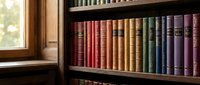 Colorful vintage books arranged on wooden library shelves near window with natural light creating warm academic atmosphere for reading and study.