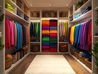 Organized walk-in closet with colorful clothing arranged by spectrum, built-in shelving, woven storage baskets, and hardwood flooring creates luxurious wardrobe space.