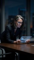 Middle-aged woman with long dark hair and glasses wearing black blazer, working on tablet at wooden desk in modern office with evening cityscape background.