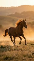 Majestic brown horse galloping through golden meadow at sunset with flowing mane against mountain landscape backdrop creating dust clouds in warm evening light.