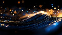 Abstract blue wave with golden bokeh lights creating flowing digital particle stream against dark background for modern technology and luxury design concepts.