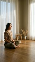 Young woman practicing mindfulness meditation in serene home interior with natural light and minimalist decor for wellness and mental health.
