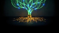 Digital tree with glowing green energy branches and golden circuit board roots on dark background for technology and nature fusion concepts.