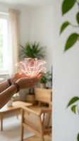 Unrecognizable person holding glowing neon flower in bright modern living room with potted plants and natural light, symbolizing growth and wellness for home decor concepts.
