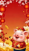 Chinese New Year celebration background with cute pig character, red lanterns, cherry blossoms and gold coins for festive greeting cards and decorations.