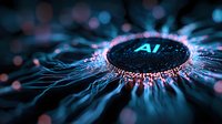 Glowing AI symbol with radiating digital connections in blue and pink neon colors against dark background, representing artificial intelligence technology.