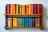 Colorful vintage books arranged on wooden wall shelves creating rainbow pattern. Collection of old hardcover volumes in multicolored spines against white wall.