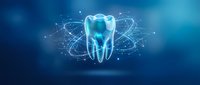 Digital tooth with glowing network connections on blue background for dental technology and healthcare innovation concepts.