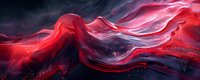Abstract red and dark blue flowing liquid waves with glowing particles create dramatic cosmic atmosphere. Dynamic smoke-like shapes form ethereal panoramic composition.