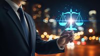 Professional businessman holding glowing digital scales of justice symbol representing legal technology and law firm services at night.