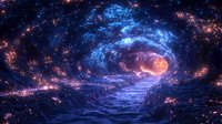 Cosmic spiral galaxy with vibrant blue and orange nebula clouds swirling through deep space, creating a mystical tunnel effect against starry background.