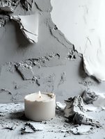 White candle burning among concrete debris and rubble in minimalist monochrome setting for spa wellness meditation or destruction concept photography.