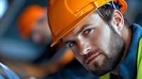Young Caucasian construction worker in orange hard hat and high-visibility vest looking at camera with confident expression on industrial site.