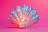 Luminous pearl inside iridescent seashell glowing with magical light against pink background, creating mystical marine atmosphere with holographic sparkles.