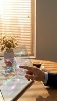Businessman hand touching transparent tablet with colorful digital network connections and icons in modern office with warm sunlight streaming through blinds.