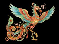 Ornate phoenix bird with vibrant orange, turquoise, and gold decorative patterns, isolated on transparent background. Ready for t-shirt design, clipart, stickers, sublimation, and print-on-demand projects.
