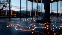 Glowing hexagonal pattern on dark floor with person standing, illuminated by warm lights against twilight mountain backdrop creates futuristic atmosphere.