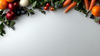 Fresh organic vegetables and fruits arranged in curved border on light gray background with copy space, top view composition for healthy eating concept.