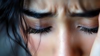 Close up view of long dark eyelashes and eyebrows on closed eyes with natural makeup, showing beauty and cosmetic details against soft blurred skin background.