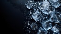 Scattered ice cubes with water drops on dark background, dramatic lighting creates reflective highlights and shadows. Fresh frozen crystal clear pieces for beverage photography.
