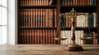 Golden scales of justice on wooden desk in law library with leather-bound legal books creating professional attorney office atmosphere for legal services.